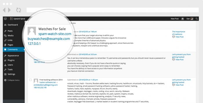 The Akismet Dashboard showing comments that are suspected for spamming along with the profiles of the users who made them.