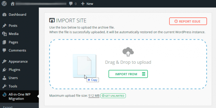 The "Import Site" tab inside the All-in-One WP dashboard. Inside the tab there is a box where you drag the files you want to import and let the process begin.