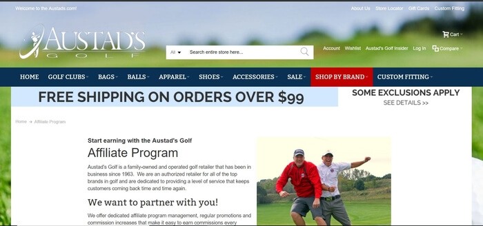 screenshot of the affiliate sign up page for Austads Golf