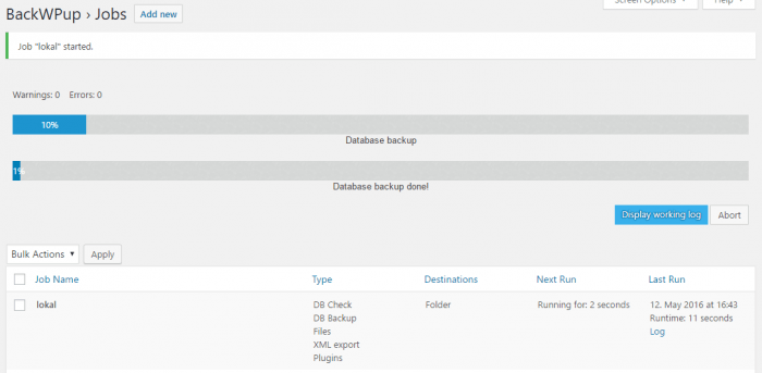 The BackWPup 'Jobs' tab showing a list of all the backup operations that were made, and at the top there's a progress bar for the current operation taking place.