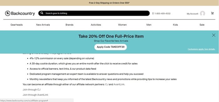 screenshot of the affiliate sign up page for Backcountry
