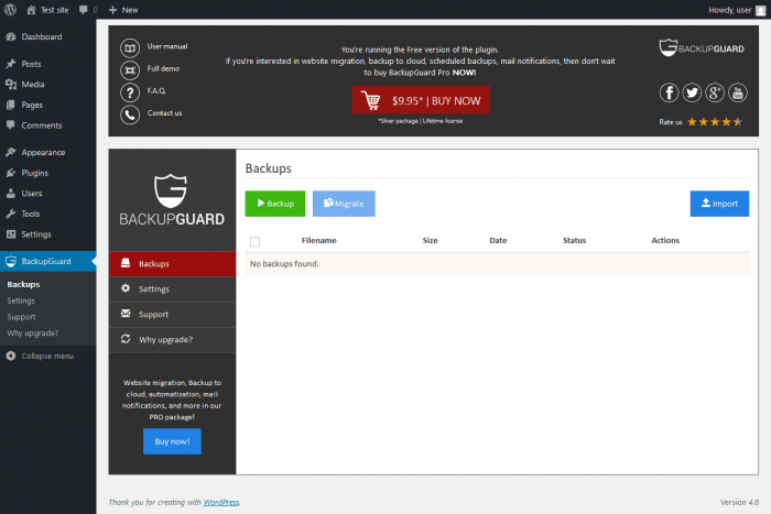 The Backup Guard special interface opened inside the WP dashboard. The "Backups" tab shows a list of all the backups that were made, and at the top there are a "backup" button and a "migrate" button to start new tasks.