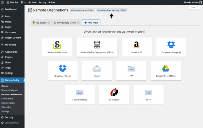 The remote destinations tab inside the BackupBuddy dashboard. Inside the tab, the possible storage locations are listed (ex: Dropbox, Amazon S3, Google Drive, etc.) from which you can choose one or more to store your backups on.