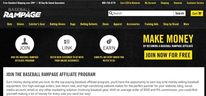 screenshot of the affiliate sign up page for Baseball Rampage