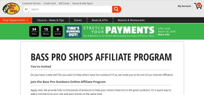 screenshot of the affiliate sign up page for Bass Pro Shops