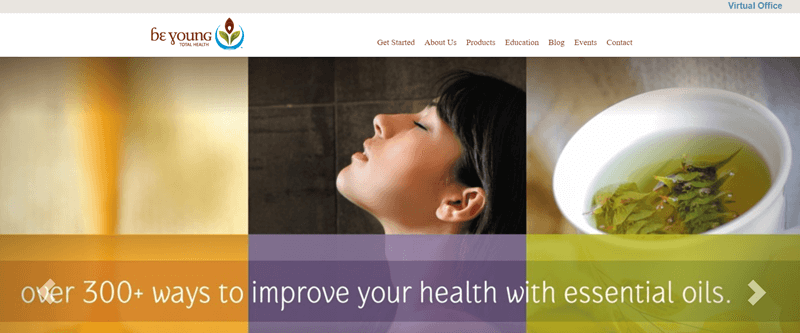 Be Young website screenshot, showing three images and the tagline ‘over 300+ ways to improve your health with essential oils’. 