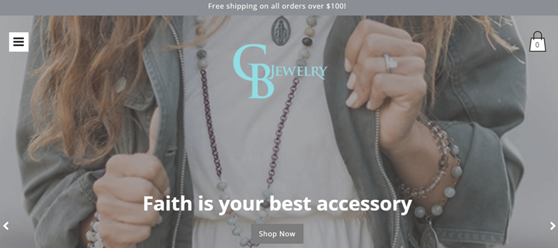 CB Jewelry website screenshot showing a young woman in a jacket with various pieces of jewelry from the company. 