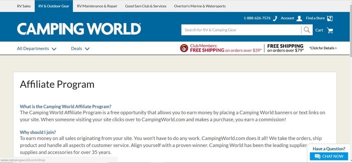 screenshot of the affiliate sign up page for Camping World