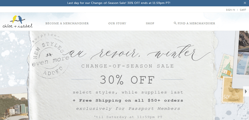 Chloe + Isabel website screenshot showing details about a change-of-season sale. 