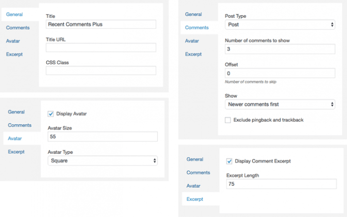 Each of the tabs in the Comment Widget settings dashboard. There are general, avatar, comments, and excerpt settings. 