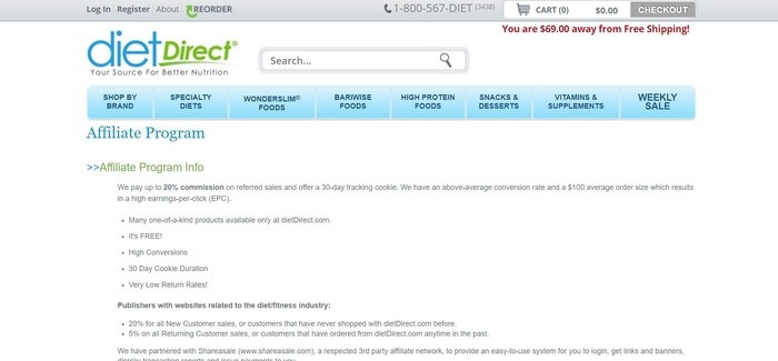 screenshot of the affiliate sign up page for Diet Direct