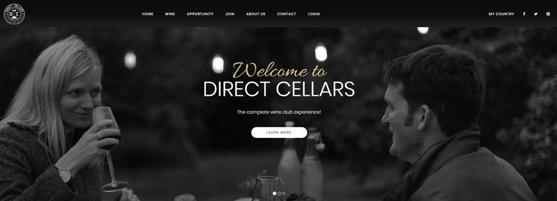 Direct Cellars website screenshot showing a gray image of a couple drinking wine. 