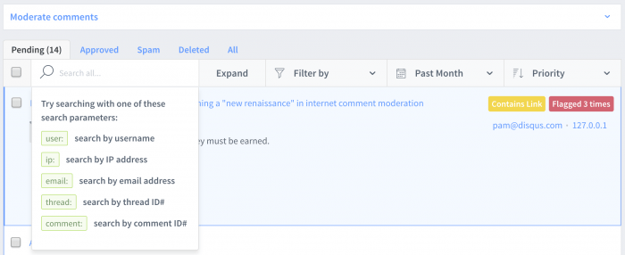 The comment moderation tab where a user gets to filter comments, approve/disapprove them, and block users.