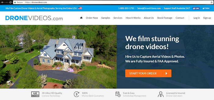 Screenshot of DroneVideos.com Home Page