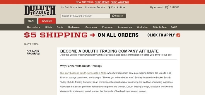 screenshot of the affiliate sign up page for Duluth Trading Company