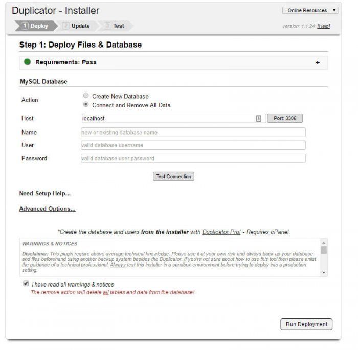 The SQL database deployment tab inside the Duplicator installer. It lets you choose the host location, name of the database file(s), username, password, along with some advanced options.