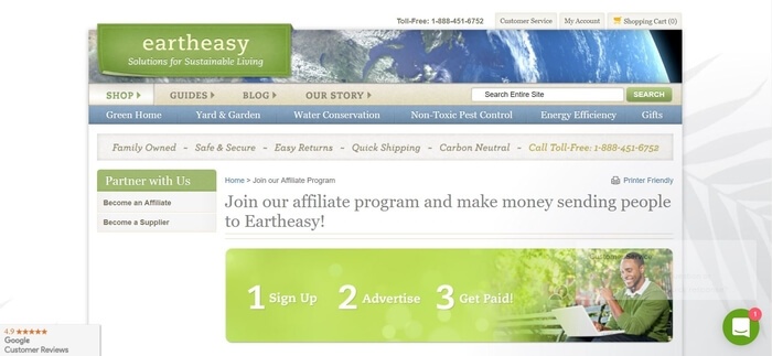 screenshot of the affiliate sign up page for Earth Easy