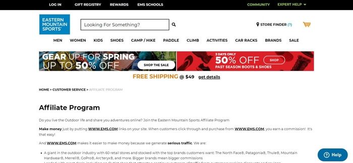 screenshot of the affiliate sign up page for Eastern Mountain Sports