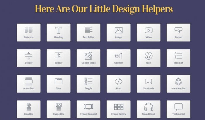 Elementor | One More Cup of Coffee The Elementor design tools grid, showing elements such as columns, heading, images, video, buttons, etc., that you can use to create your landing page.