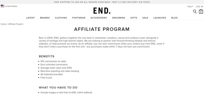 screenshot of the affiliate sign up page for End