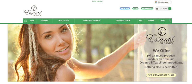 Essante Organics website showing a young woman on a swing looking at the camera. 