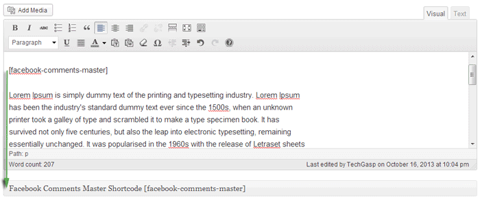 The Facebook Comments Master installation shortcode written on the WordPress text editor along with a page's content.