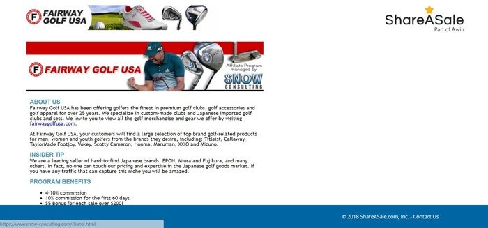 screenshot of the affiliate sign up page for Fairway Golf USA