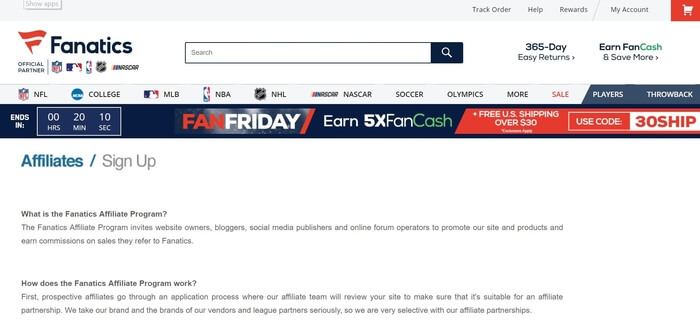 screenshot of the affiliate sign up page for Fanatics