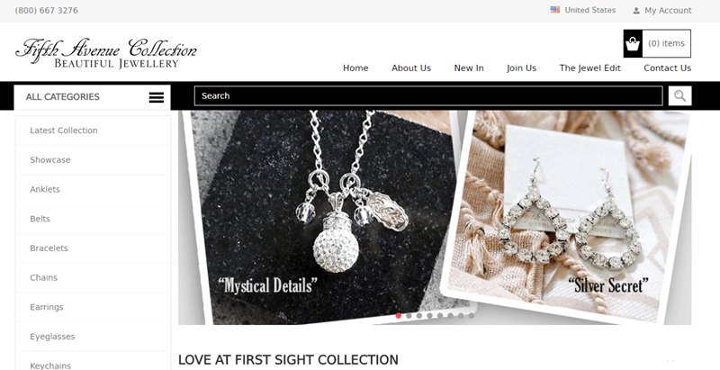 Fifth Avenue Collection website screenshot showcasing a necklace called ‘Mystical Details’ and a pair of earrings called ‘Silver Secret’. 