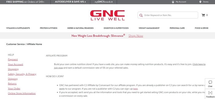 screenshot of the affiliate sign up page for GNC