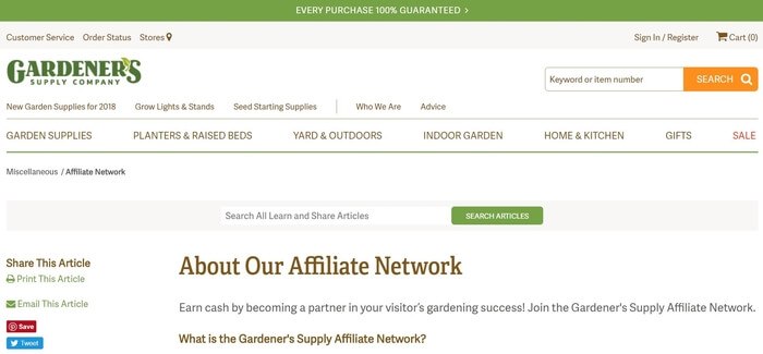 screenshot of the affiliate sign up page for Gardeners Supply Company