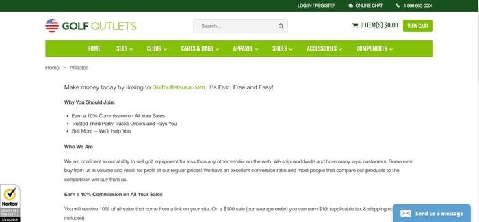 screenshot of the affiliate sign up page for Golf Outlets USA