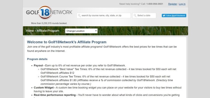 screenshot of the affiliate sign up page for Golf18Network