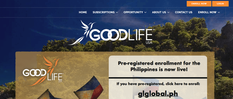 GoodLife USA website screenshot showing a background photo of trees and the sky, with details about pre-registered enrollment for the Philippines. 