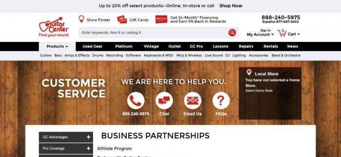 screenshot of the affiliate sign up page for Guitar Center