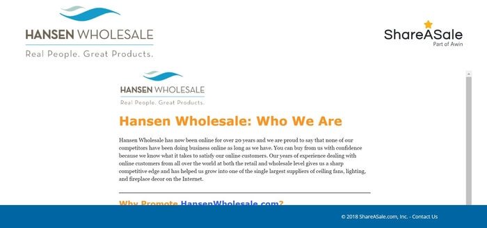 screenshot of the affiliate sign up page for Hansen Wholesale