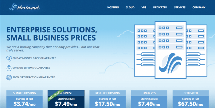 screenshot of the hostwinds homepage March 2017