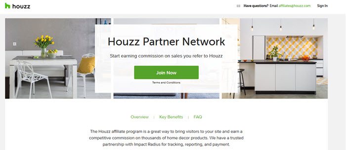 Houzz Partner Network website screenshot showing a pretty kitchen and dining room