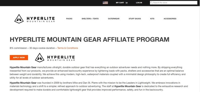 screenshot of the affiliate sign up page for Hyperlite Mountain Gear