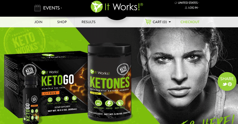 It Works! website screenshot showing two of the keto products from the company, along with a black and white image of a concentrating woman. 