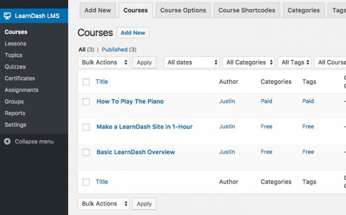The LearnDash LMS dashboard showing a list of the courses with the names of their authors, their categories, and tags.