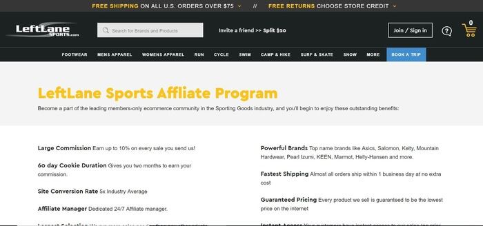 screenshot of the affiliate sign up page for LeftLane Sports