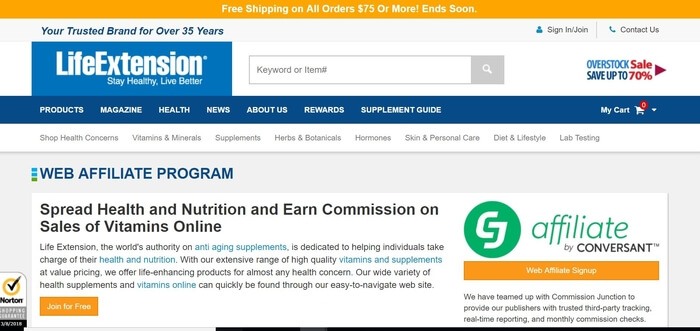 screenshot of the affiliate sign up page for Life Extension