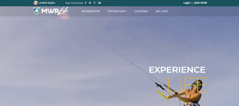 MWR Life website screenshot showing a young woman kite surfing against a cloudy sky. 