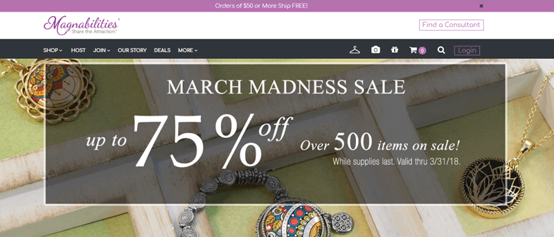 Magnabilities website screenshot showing a few pieces of jewelry and information about the March Madness Sale. 