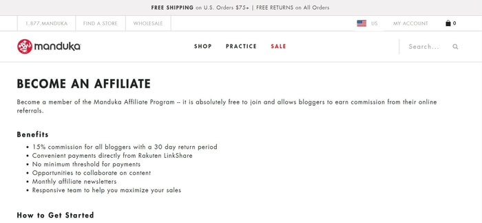screenshot of the affiliate sign up page for Manduka