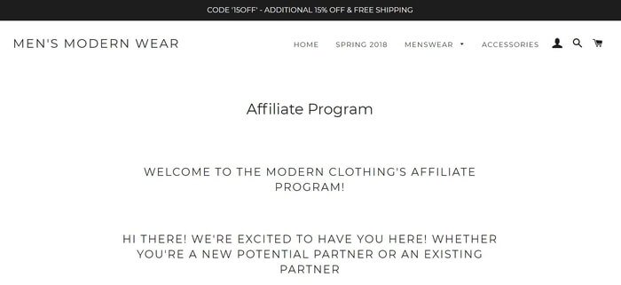 screenshot of the affiliate sign up page for Mens Modern Wear