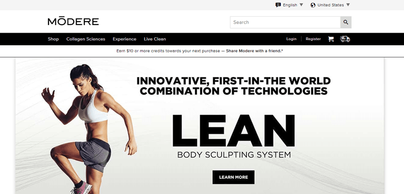 Modere website screenshot showing an exercising woman and details about the company’s Lean Body Sculpting System. 