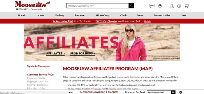 screenshot of the affiliate sign up page for Moosejaw