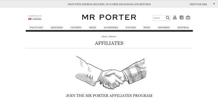 screenshot of the affiliate sign up page for Mr Porter